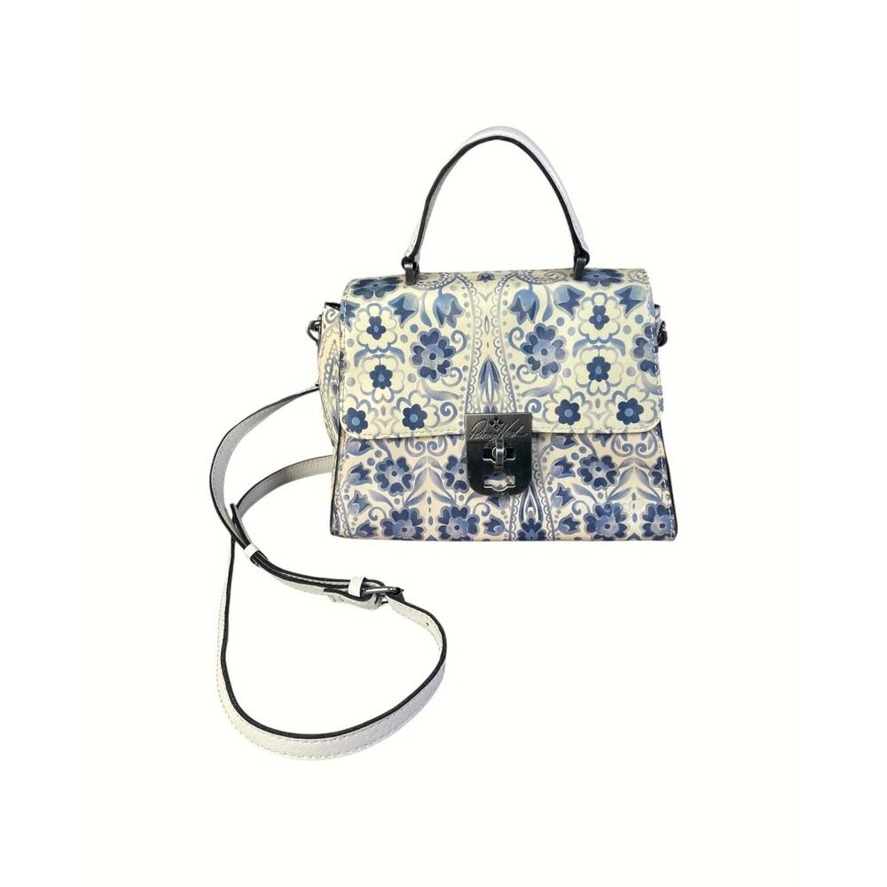 Patricia Nash Leather Satchel Purse Blue/Cream Floral Pattern W/ Turn Lock - Picture 6 of 6